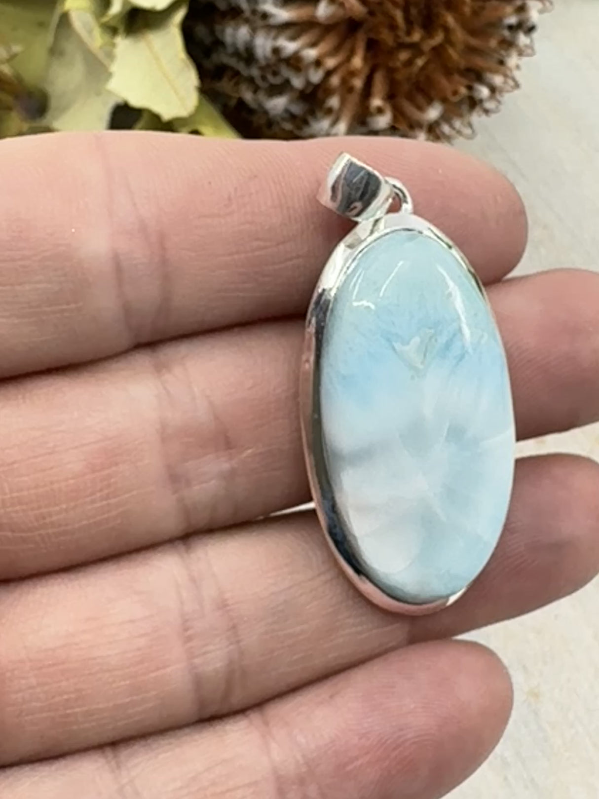 Larimar Pendant #7 – 10.72g (4.6x2.3cm) – .925 Silver – Stone of Peace, Intuition & Divine Expression