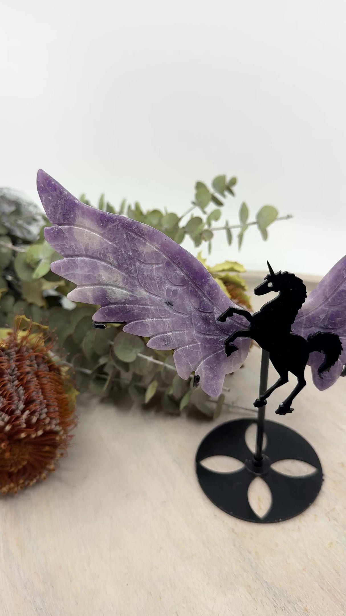 Lepidolite Unicorn Wings on Black Stand (15x20cm) – Stone of Peace, Magic & Emotional Balance