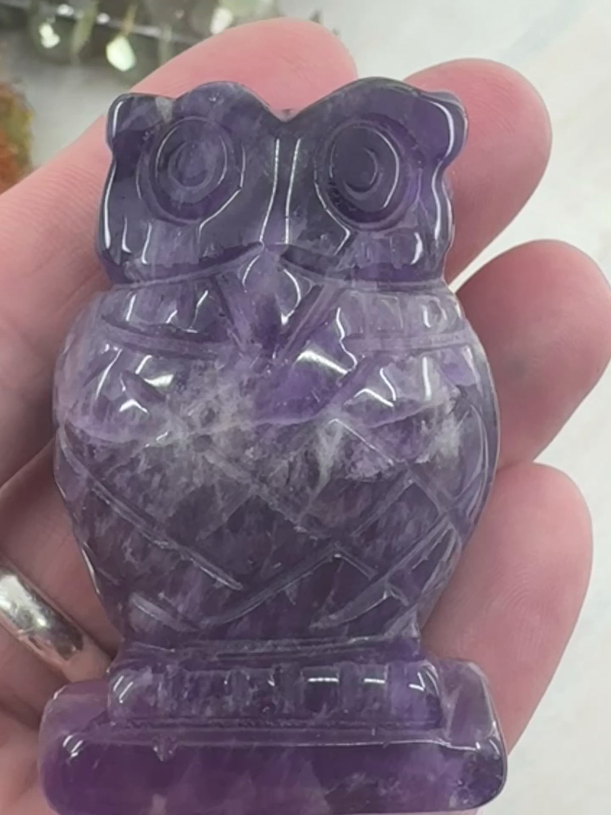 vide of Chevron Amethyst Owl Carving 5 cm × 3.5 cm – purple and white banded crystal owl symbolising peace, intuition and spiritual wisdom, Inspired By 3 Australia.