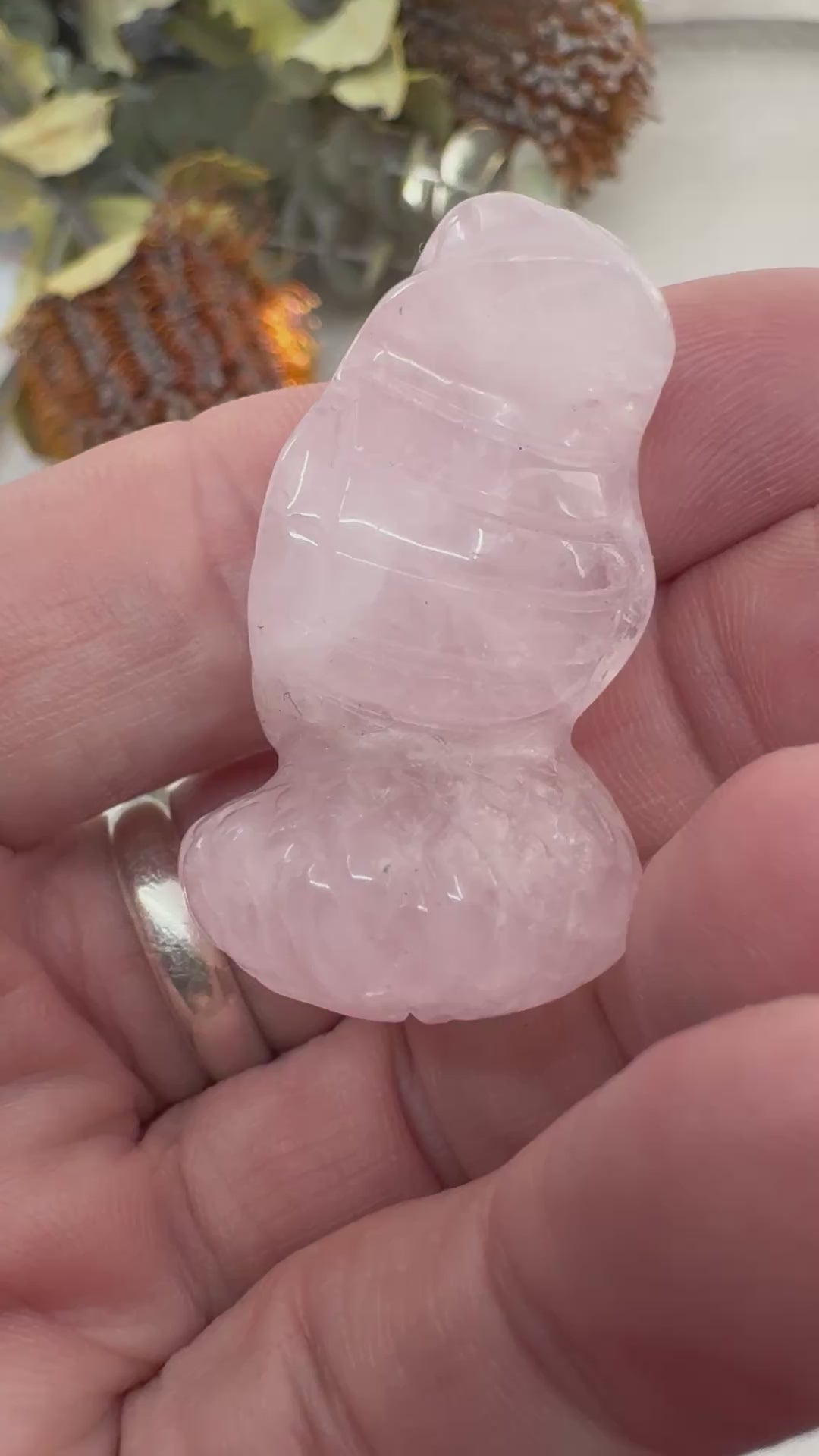 video. of Rose Quartz Snake Carving 4 cm × 3 cm – soft pink crystal snake symbolising love, healing and emotional renewal, Inspired By 3 Australia.