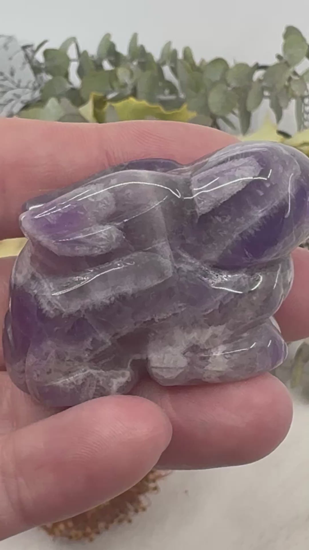 video of Chevron Amethyst Rabbit Carving 5 cm × 3.5 cm – purple and white banded crystal rabbit symbolising peace, intuition and spiritual renewal, Inspired By 3 Australia.