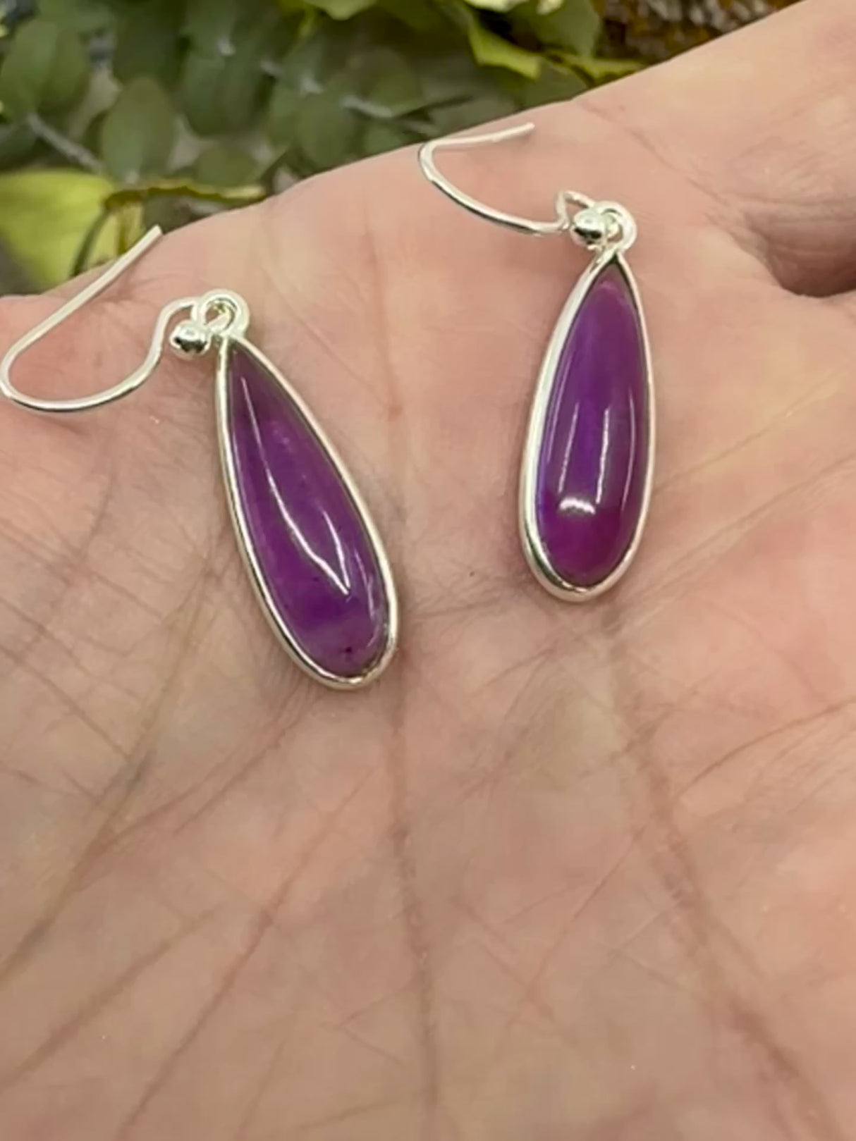 Purple amethyst gemstone drop earrings set in sterling silver