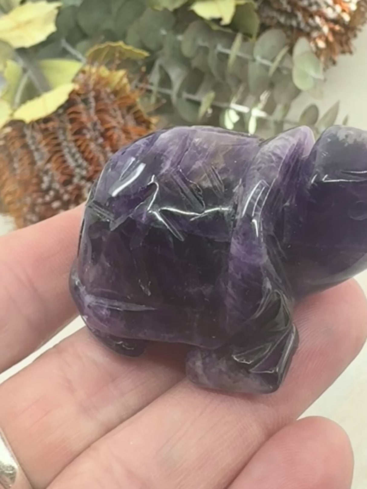 videof Chevron Amethyst Turtle Carving 5 cm × 3.5 cm – purple and white banded crystal turtle symbolising peace, intuition and spiritual growth, Inspired By 3 Australia.