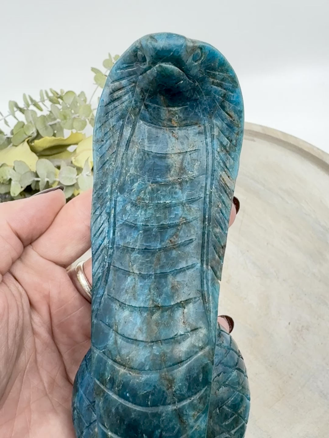 Video Blue Apatite snake carving 15cm – blue crystal serpent symbolising intuition, wisdom and transformation – Inspired By 3 Crystals Australia. 
