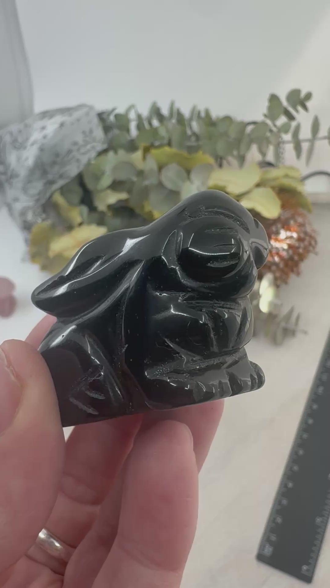 video of Black Obsidian Rabbit Carving 5 cm × 3.5 cm – glossy black crystal rabbit symbolising protection, grounding and renewal, Inspired By 3 Australia.