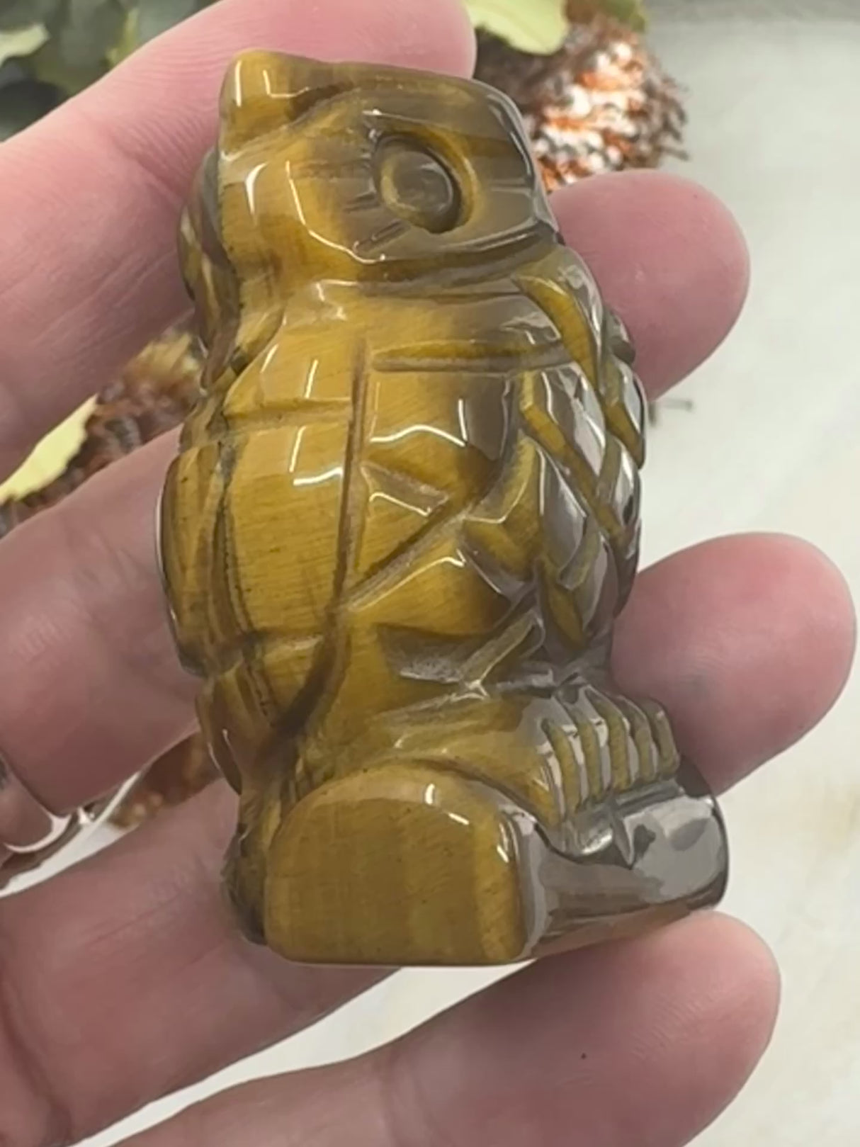 video of Tiger Eye Owl Carving 5 cm × 3.5 cm – golden-brown crystal owl symbolising courage, wisdom and protection, Inspired By 3 Australia.