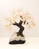 Handcrafted Rose Quartz Crystal Tree with 24 gemstone branches on a sparkling natural geode and Chalcedony style crystal base.