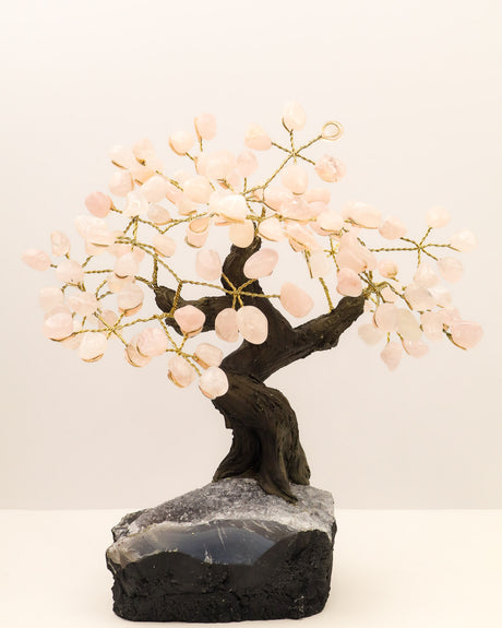Handcrafted Rose Quartz Crystal Tree with 24 gemstone branches on a sparkling natural geode and Chalcedony style crystal base.