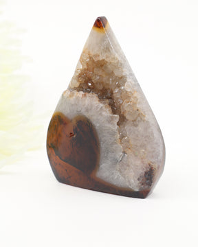 Crystal Cathedral Sardonyx Freeform 161g with natural druzy crystal cavern, creamy white and honey brown banding, polished finish and grounding energy.