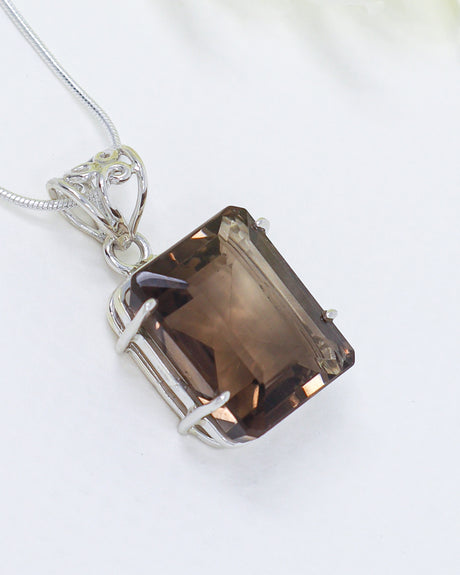 Brazilian Smoky Quartz sterling silver pendant with rectangular faceted brown crystal for grounding, protection and spiritual jewellery Australia.