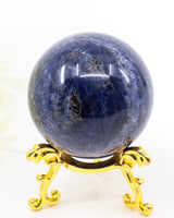 Natural Sodalite sphere 189g 5cm with deep navy blue, grey and white mineral patterning, polished crystal sphere with stand.