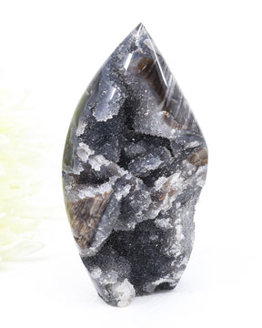 Sphalerite Freeform 296g The Shadow Alchemist with dark druzy crystal pockets, smoky banding and polished flame shape for grounding and manifestation.
