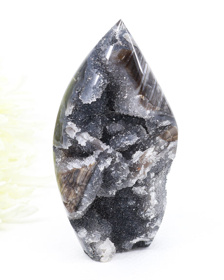 Sphalerite Freeform 296g The Shadow Alchemist with dark druzy crystal pockets, smoky banding and polished flame shape for grounding and manifestation.