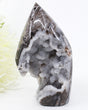 Sphalerite Freeform 365g with large grey and white druzy crystal cavern, polished dark brown natural crystal specimen for grounding and manifestation.