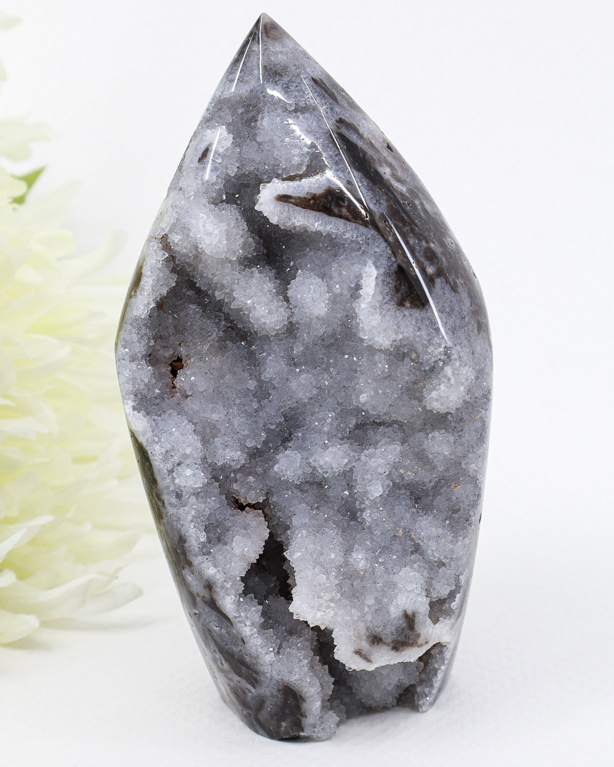 Natural Sphalerite Freeform 402g with sparkling grey and white druzy crystal formations, dark earthy mineral patterns and natural crystal cavities.