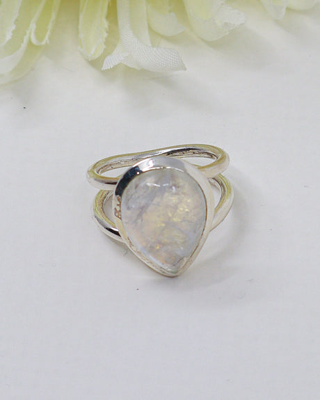 Natural Rainbow Moonstone pear shaped .925 sterling silver ring size 7 with blue rainbow flash – Inspired By 3 Australia
