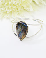 Natural Labradorite Sterling Silver bangle 23g with large teardrop gemstone displaying brilliant blue, turquoise, green and golden flash.