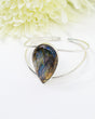 Natural Labradorite Sterling Silver bangle 23g with large teardrop gemstone displaying brilliant blue, turquoise, green and golden flash.