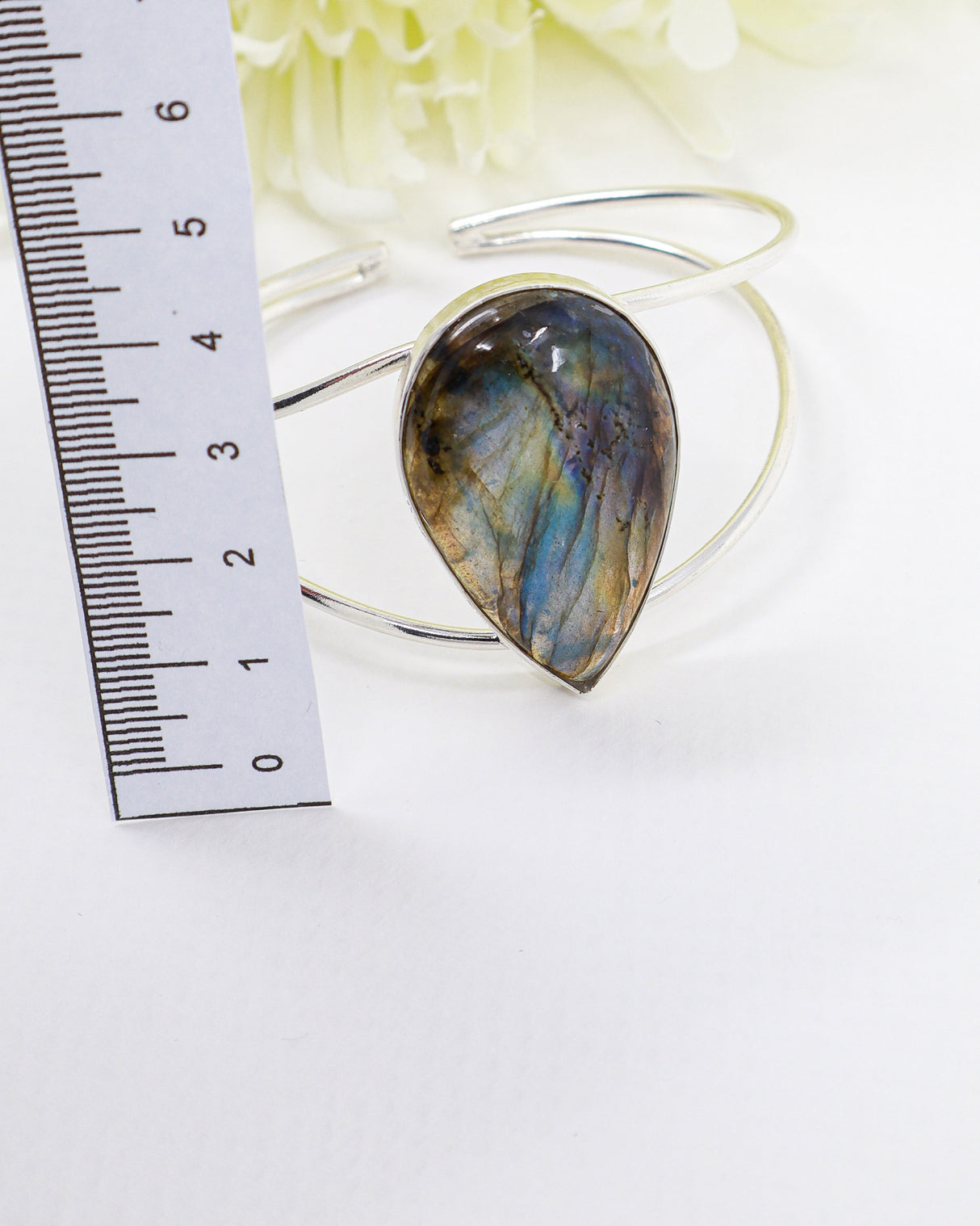 Sterling Silver Labradorite Bangle 23g | Natural Labradorite Statement Bangle
