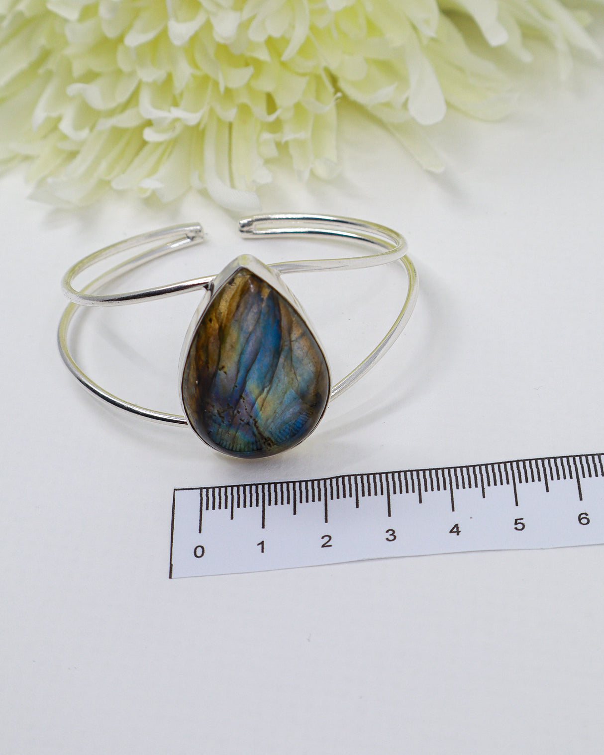 Sterling Silver Labradorite Bangle 23g | Natural Labradorite Statement Bangle