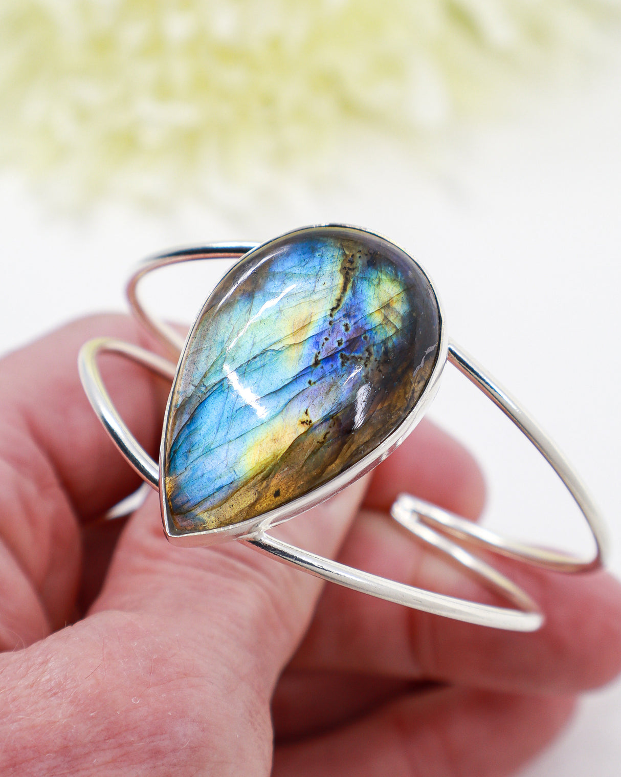 Sterling Silver Labradorite Bangle 23g | Natural Labradorite Statement Bangle