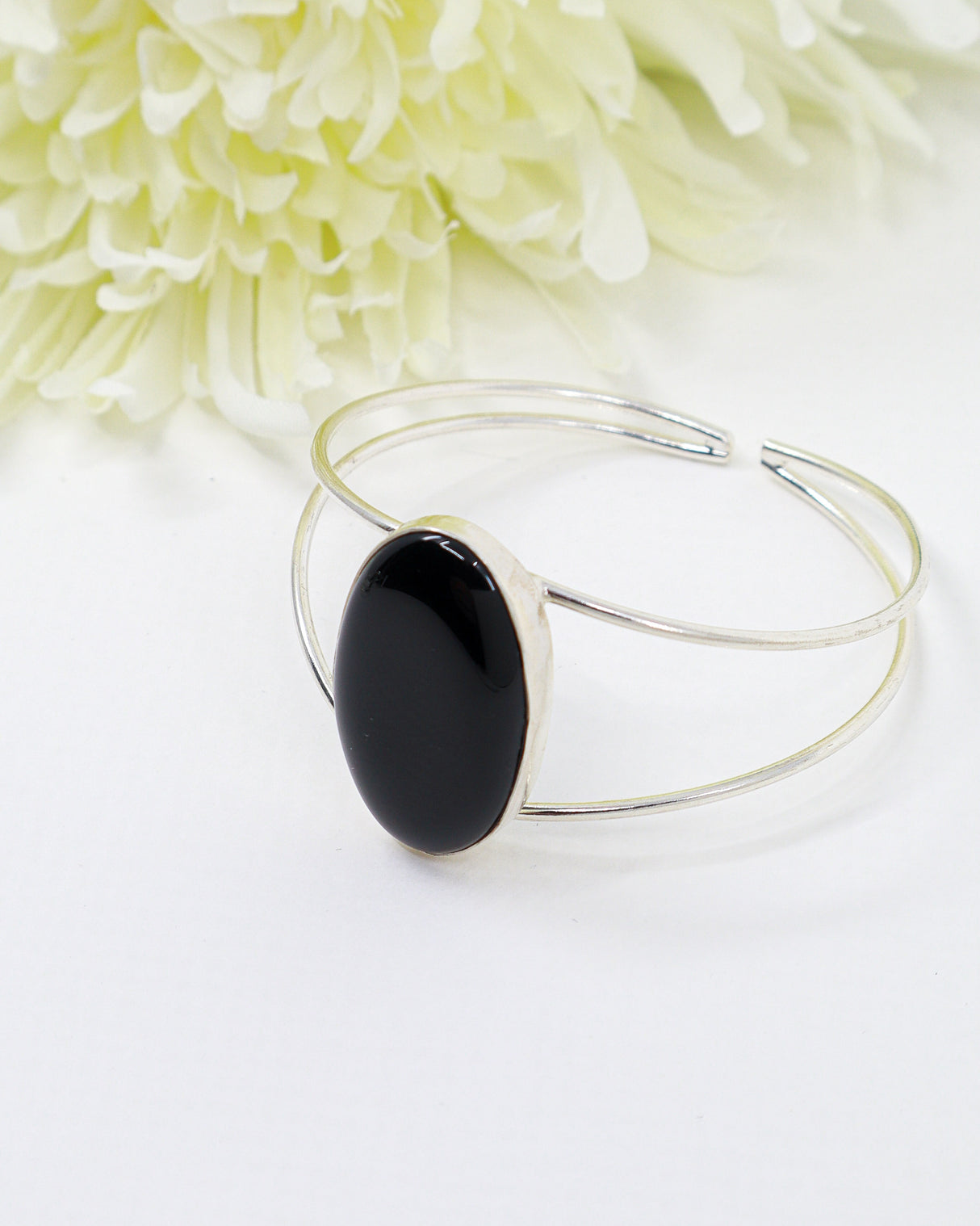 Sterling Silver Black Onyx Bangle 16.48g | Natural Black Onyx Statement Bangle