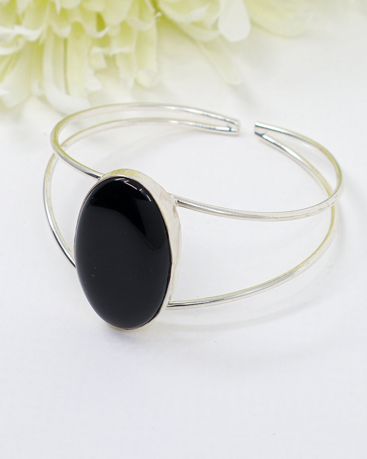 Sterling Silver Black Onyx Bangle 16.48g | Natural Black Onyx Statement Bangle