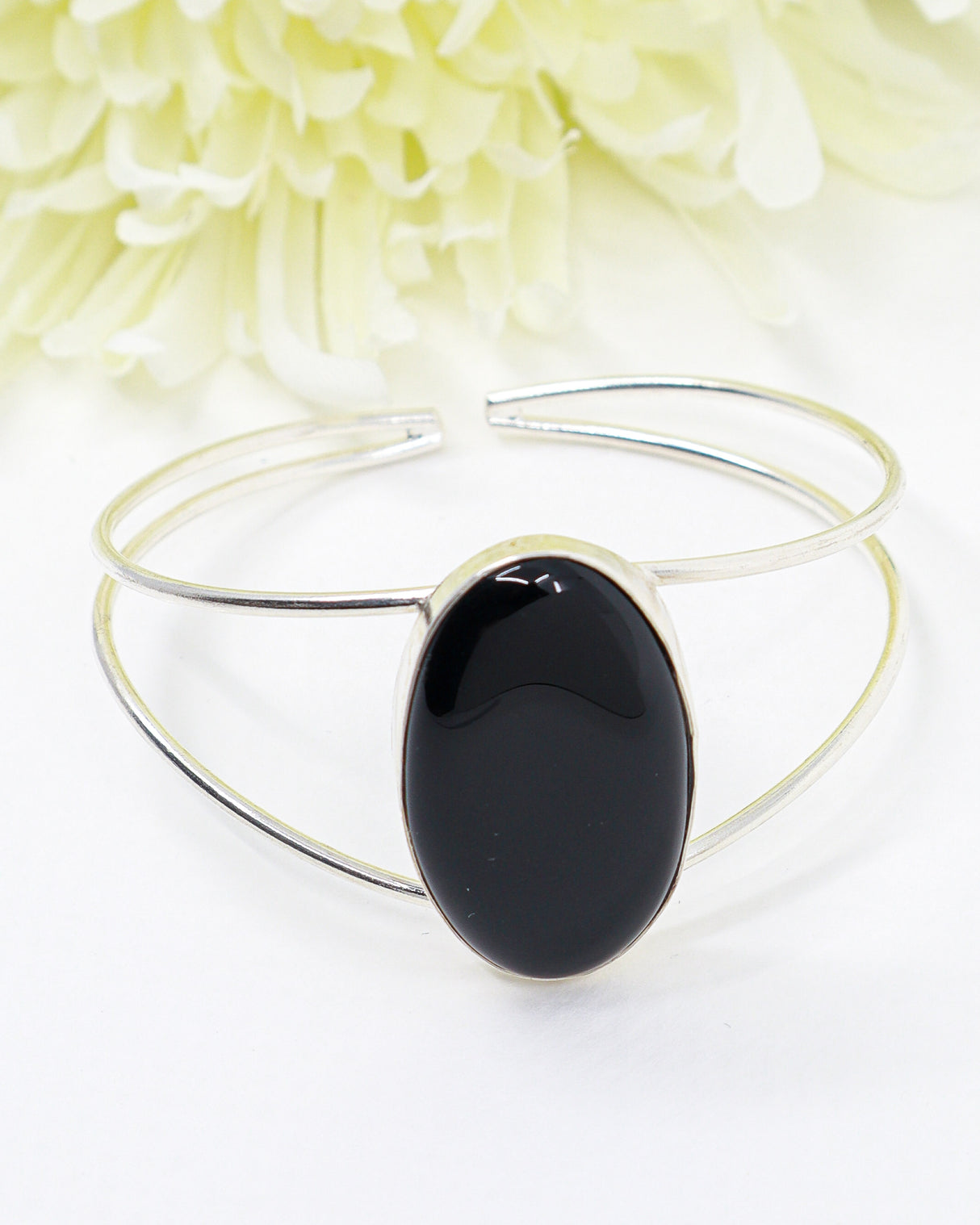 Sterling Silver Black Onyx Bangle 16.48g | Natural Black Onyx Statement Bangle