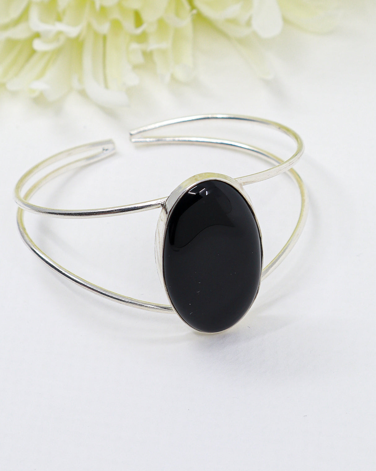 Sterling Silver Black Onyx Bangle 16.48g | Natural Black Onyx Statement Bangle
