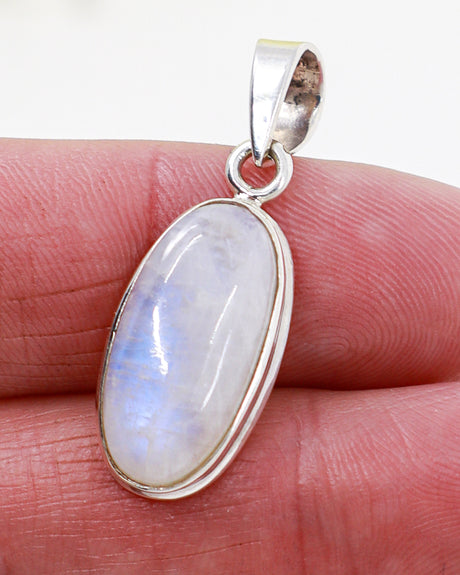 Natural Rainbow Moonstone oval .925 sterling silver pendant with blue flash and silver snake chain – Inspired By 3 Australia