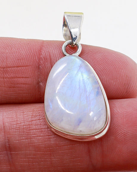 Natural Rainbow Moonstone triangular .925 sterling silver pendant with blue flash and silver snake chain – Inspired By 3 Australia