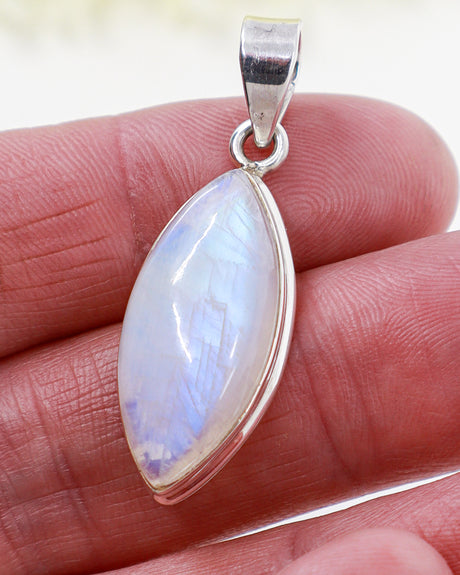 Natural Rainbow Moonstone marquise .925 sterling silver pendant with subtle flash and silver snake chain – Inspired By 3 Australia