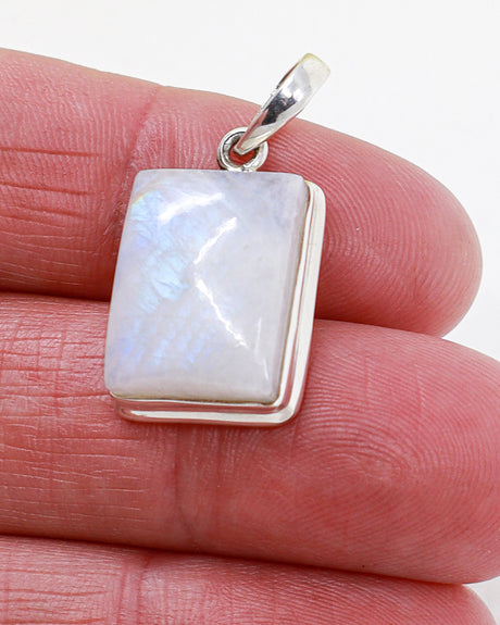 Natural Rainbow Moonstone rectangular .925 sterling silver pendant with blue flash and sterling silver snake chain – Inspired By 3 Australia