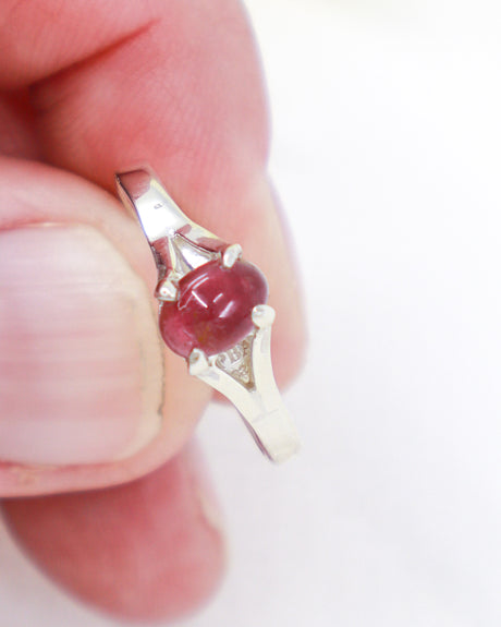 Natural Pink Tourmaline sterling silver ring Size 9 with oval raspberry pink Tourmaline cabochon in .925 silver setting.
