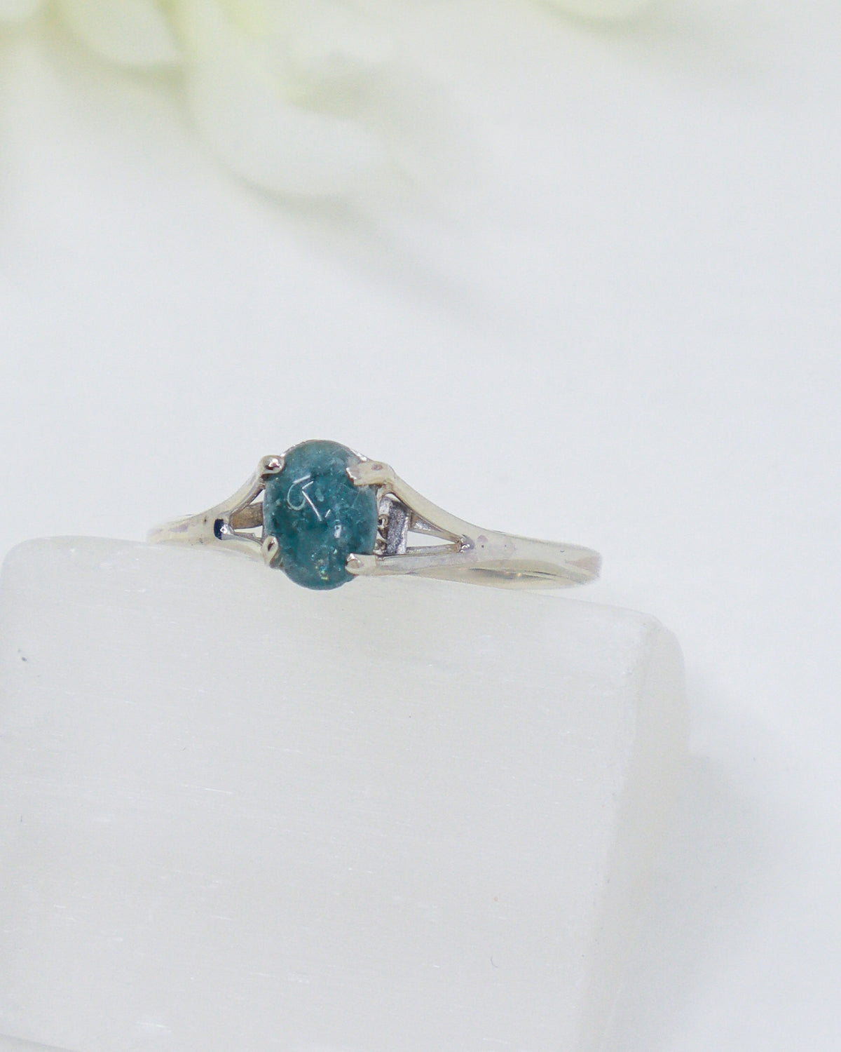 Natural Blue Tourmaline sterling silver ring Size 8 with petite aqua blue Indicolite gemstone and open silver setting.