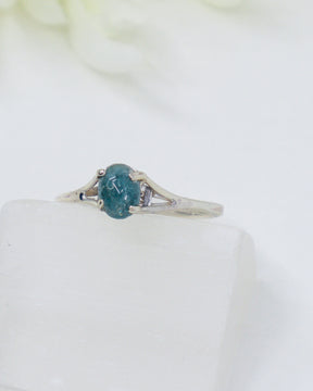 Natural Blue Tourmaline sterling silver ring Size 8 with petite aqua blue Indicolite gemstone and open silver setting.