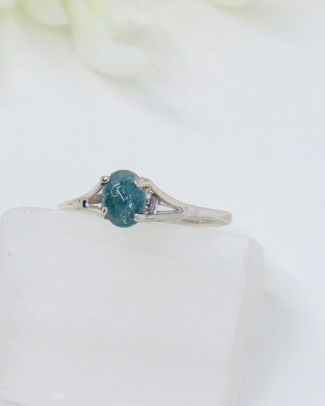 Natural Blue Tourmaline sterling silver ring Size 8 with petite aqua blue Indicolite gemstone and open silver setting.