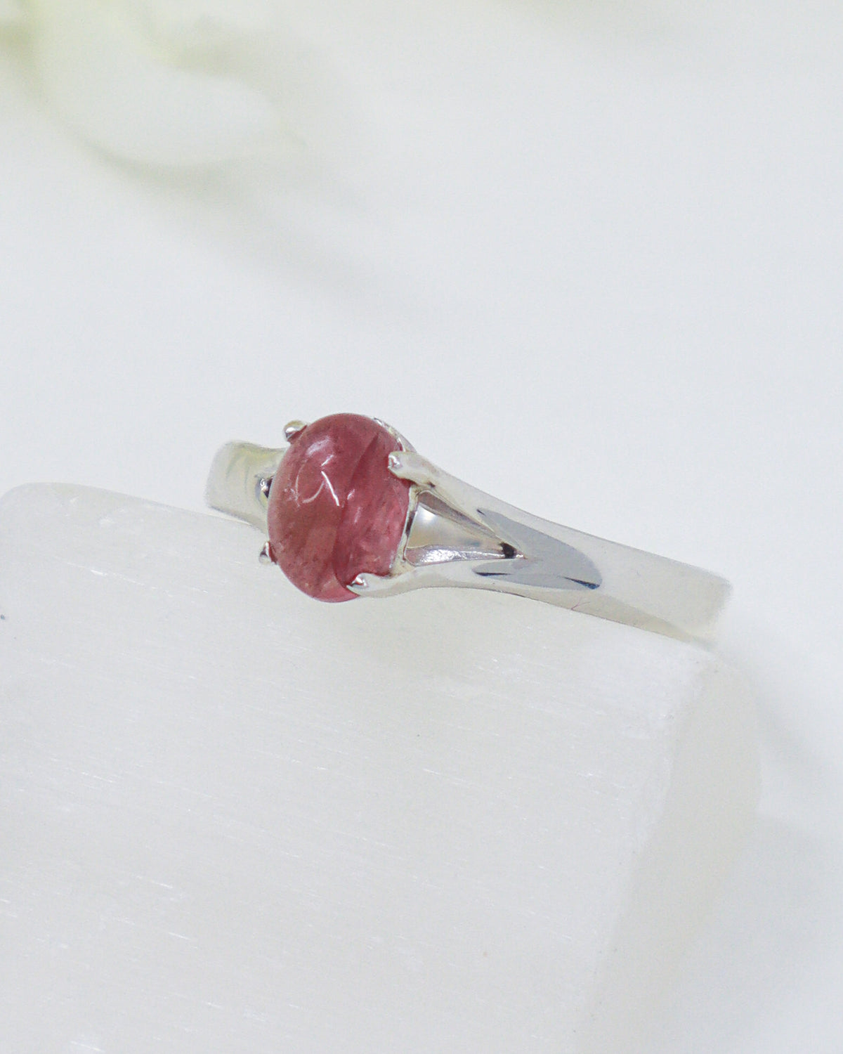 Natural Pink Tourmaline sterling silver ring Size 9 with rosy pink oval gemstone and elegant split shoulder silver setting.
