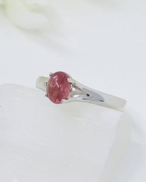 Natural Pink Tourmaline sterling silver ring Size 9 with rosy pink oval gemstone and elegant split shoulder silver setting.