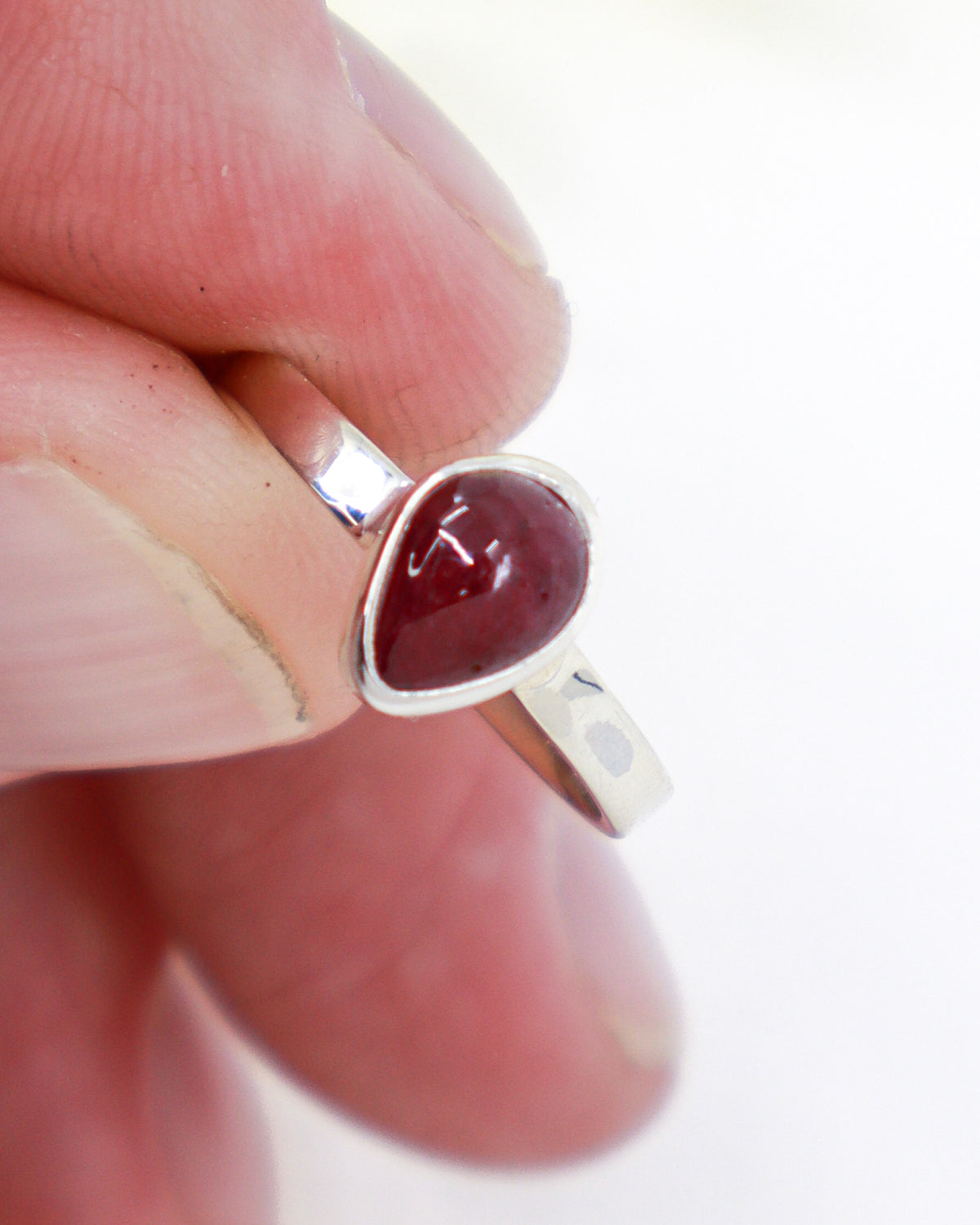 Natural Ruby sterling silver ring Size 7 with petite pear-shaped deep red Ruby cabochon in polished .925 silver.
