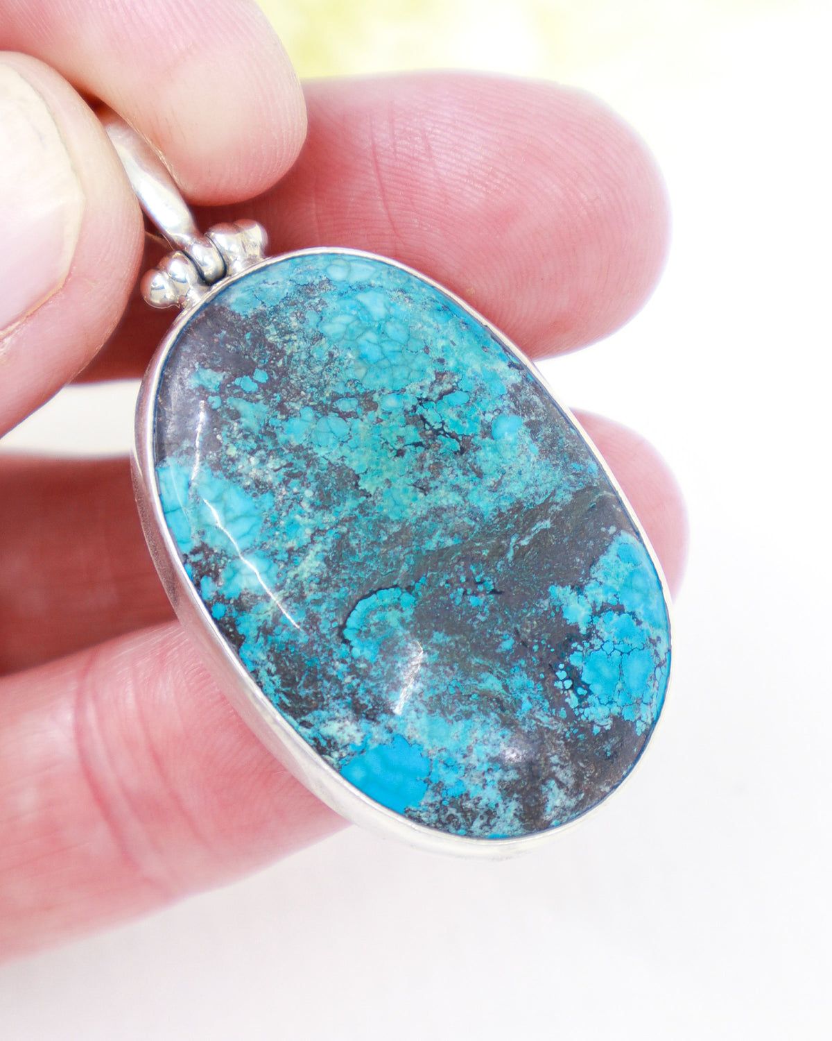 Large Turquoise sterling silver pendant with vivid blue stone and dark natural matrix, 5.4cm .925 silver spiritual protection necklace.