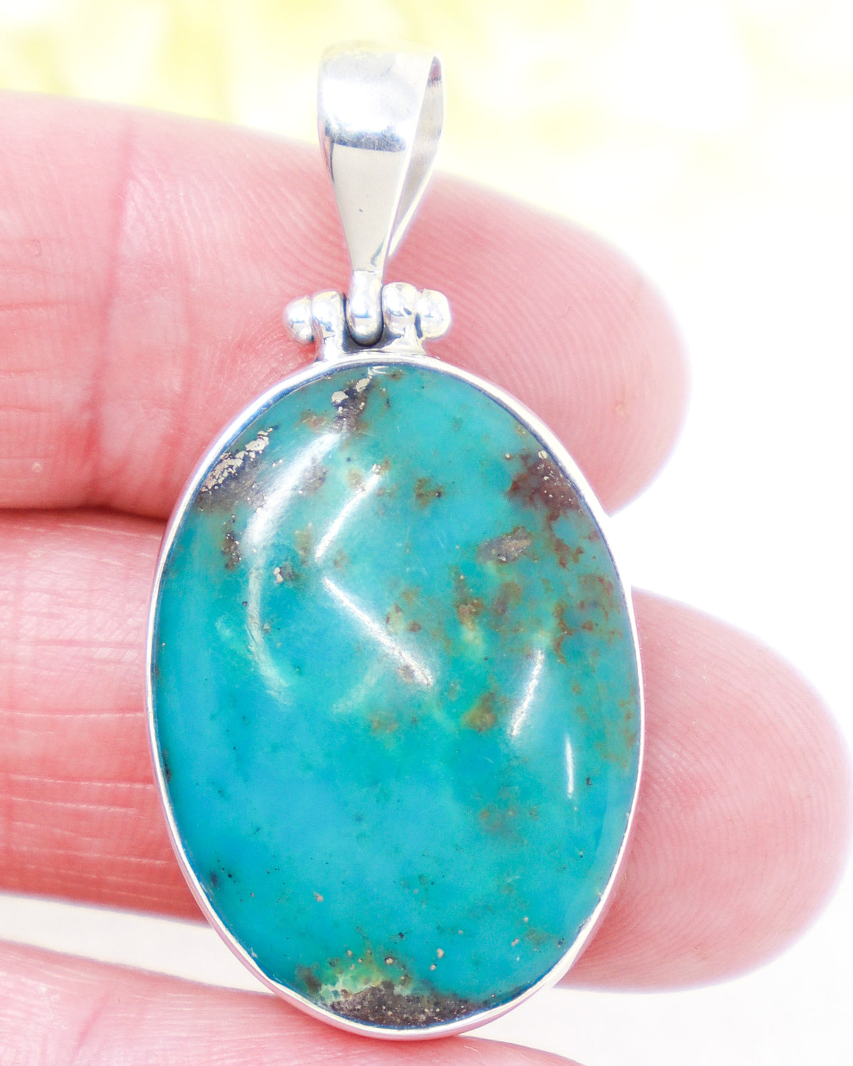 Natural Turquoise sterling silver pendant with rich blue Turquoise and earthy mineral matrix, oval .925 silver crystal jewellery pendant.