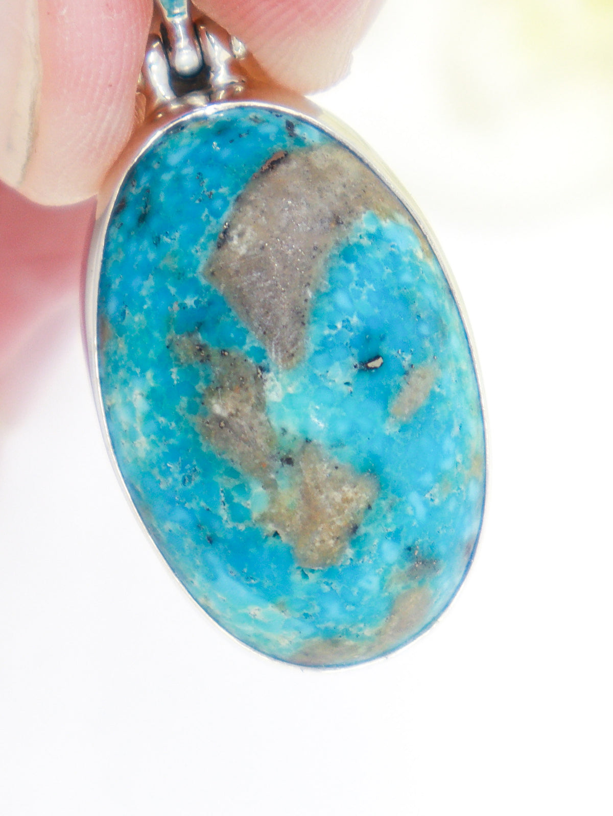 Natural Turquoise sterling silver pendant with vivid blue Turquoise and earthy mineral matrix, one-of-a-kind .925 silver crystal jewellery.