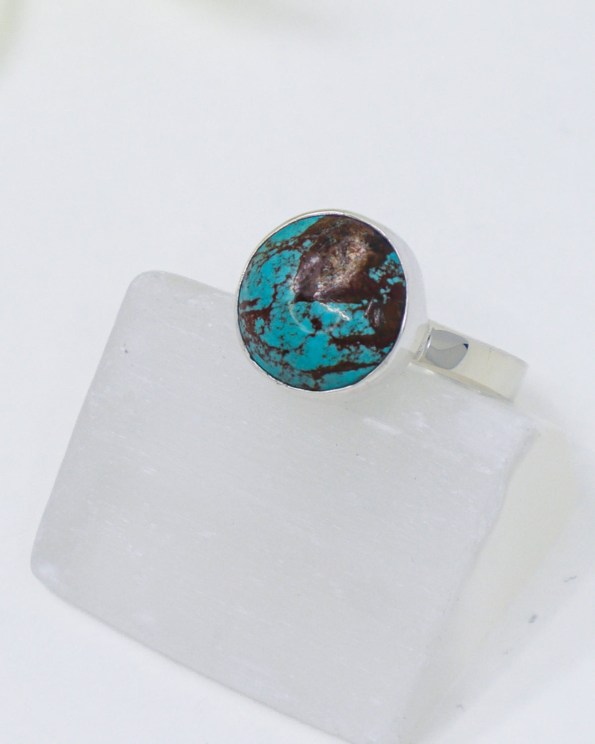 Natural Turquoise sterling silver ring Size 8 with blue Turquoise and brown matrix, round .925 silver spiritual protection ring.