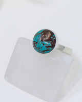 Natural Turquoise sterling silver ring Size 8 with blue Turquoise and brown matrix, round .925 silver spiritual protection ring.