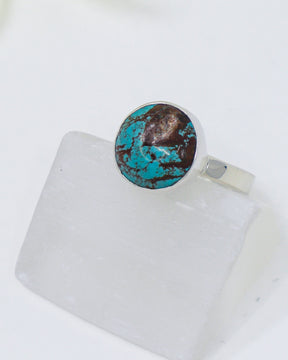 Natural Turquoise sterling silver ring Size 8 with blue Turquoise and brown matrix, round .925 silver spiritual protection ring.
