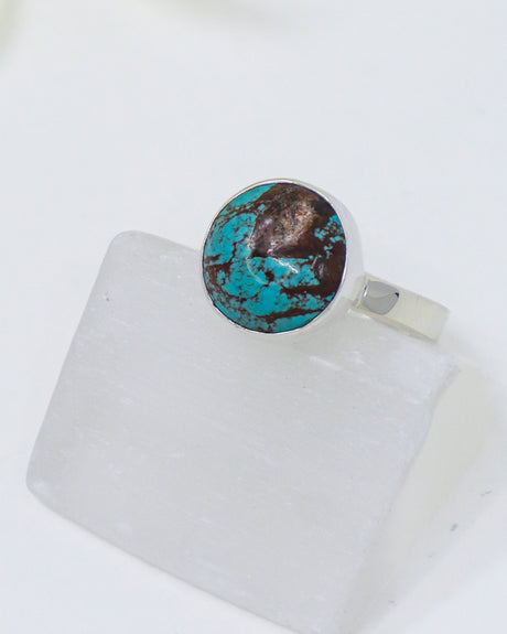 Natural Turquoise sterling silver ring Size 8 with blue Turquoise and brown matrix, round .925 silver spiritual protection ring.