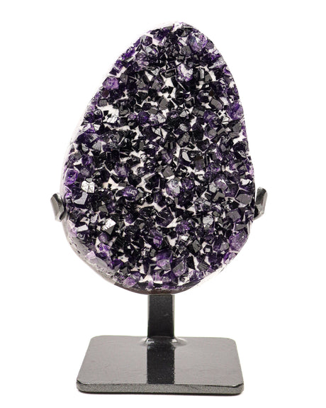 Uruguayan amethyst druzy cluster with deep purple crystals and calcite on black stand, 2.2kg statement piece.