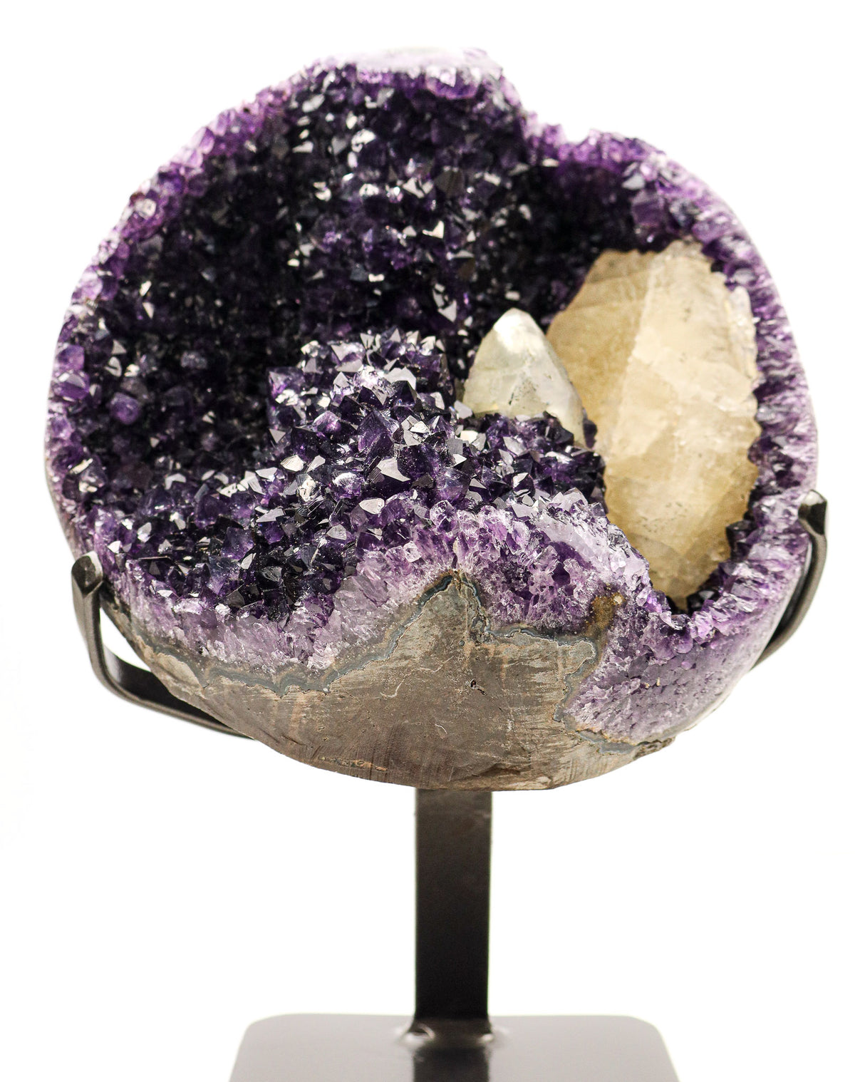 Large Uruguayan Amethyst cluster with Calcite inclusion on stand deep purple crystal 7.1kg
