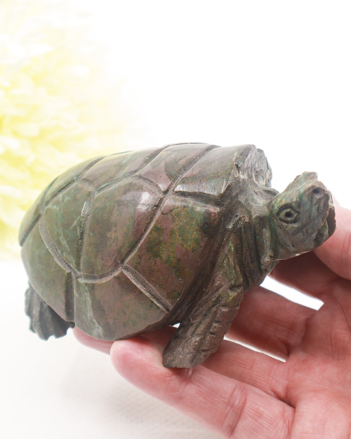 Large Verdite turtle crystal carving 693g with natural green brown and burgundy mineral colouring, hand-carved 13.5cm stone turtle.